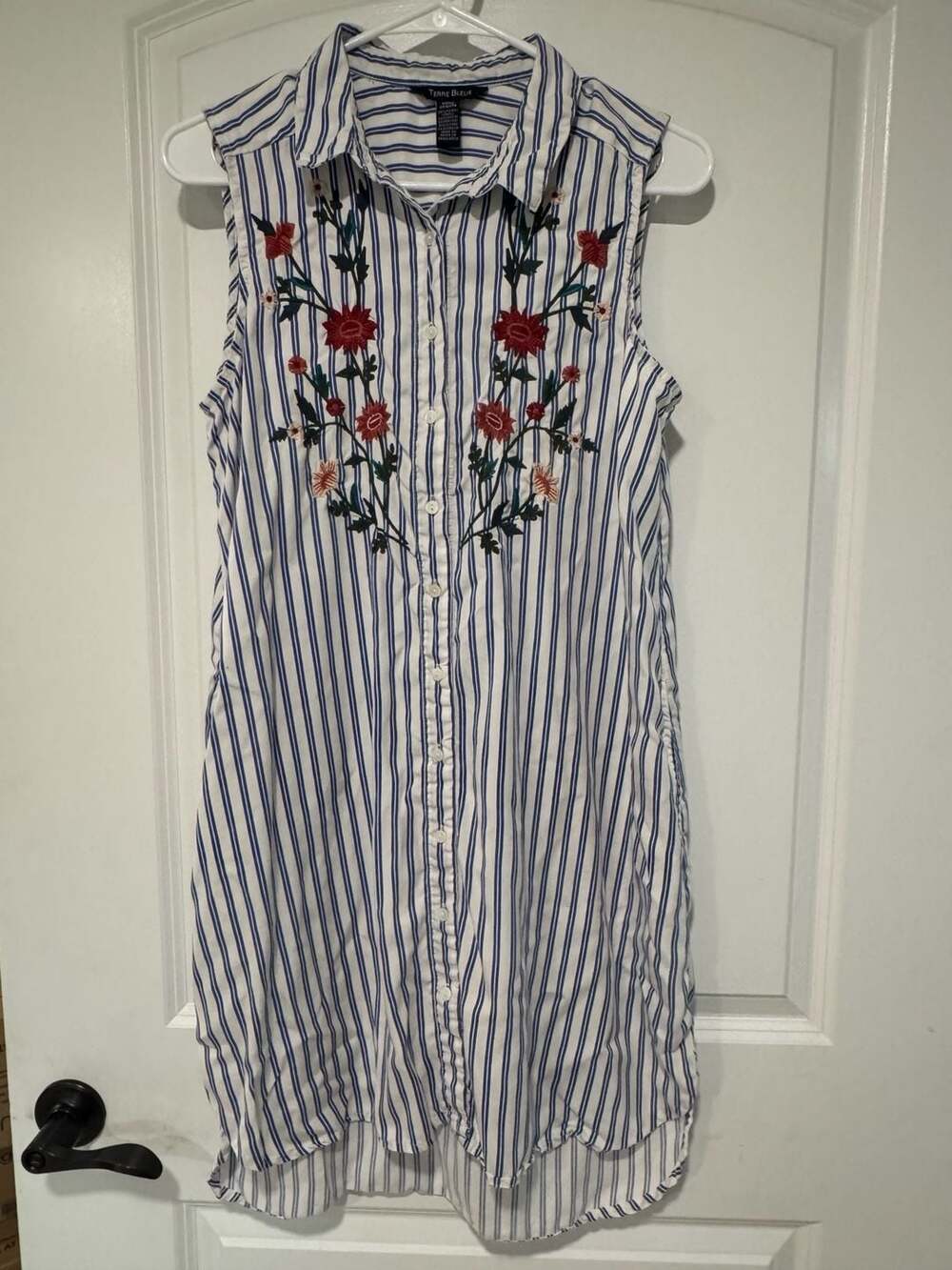 Boho Coastal Embroidered Striped Shirt Dress Cottagecore Preppy Tunic Small